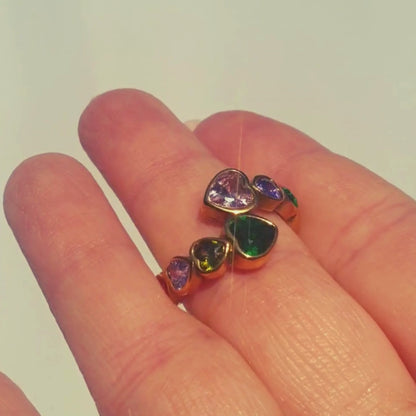 Gold Hearts Ring with Sparkling Colorful Crystals