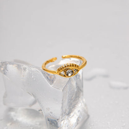 Evil Eye Gold Adjustable Ring with Crystal