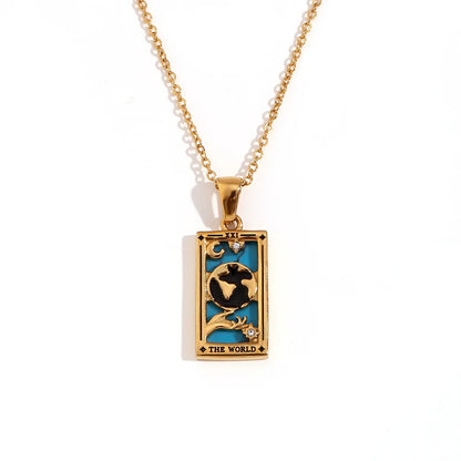 The World - Tarot Card 18k Dainty Necklace with Blue Enamel