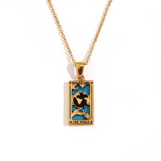 The World - Tarot Card 18k Dainty Necklace with Blue Enamel